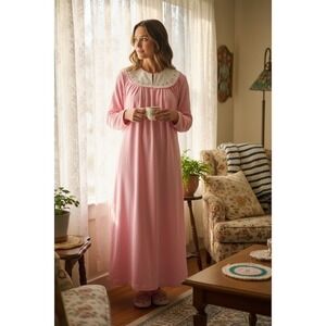 Union made Appel Women's Vtg Pink Floral L/S grandmacore Nightgown L full‎ zip